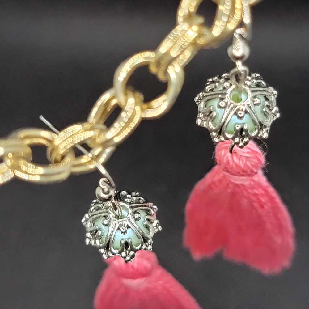 Handmade Tassel Earrings Pink Minty Teal Pearlescent Faux Pearl Bell Boho Hippie